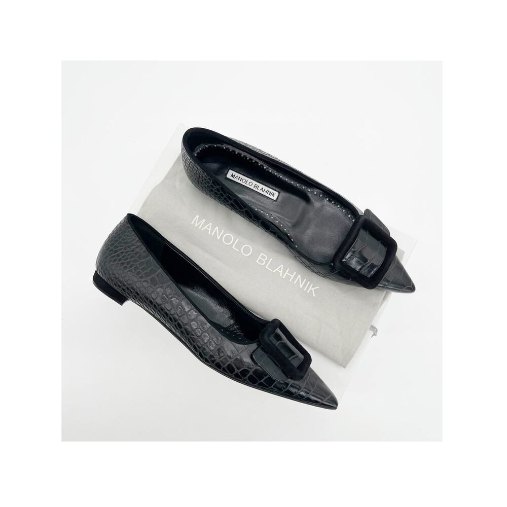 Manolo Blahnik Black Croc Embossed Maysale Buckle Pointed Toe Ballet Flats IT 37